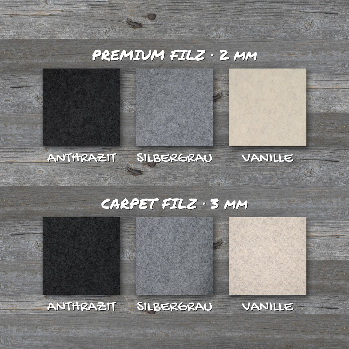 Bestseller Musterpaket: Premium Filz und Carpet Filz in Anthrazit, Silbergrau und Vanille
